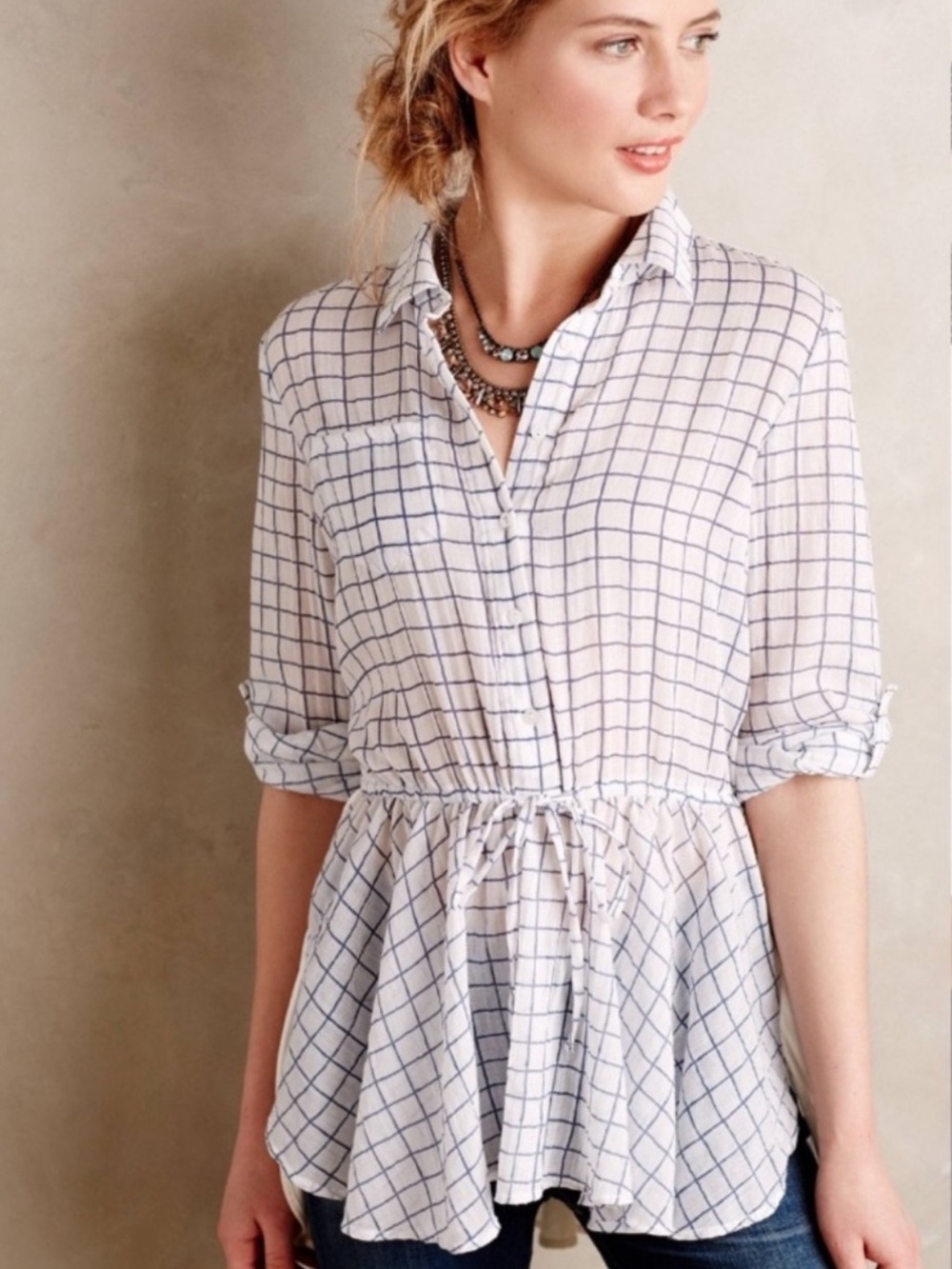 Anthropologie Blue Tassel Blue and White Windowpane Checkered Tunic, size M